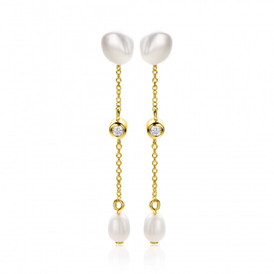 40mm ZINZI Vergoldete Silberne Ohrstecker mit Kettchen und ovalen weißen Süßwasserperlen ZIO2657