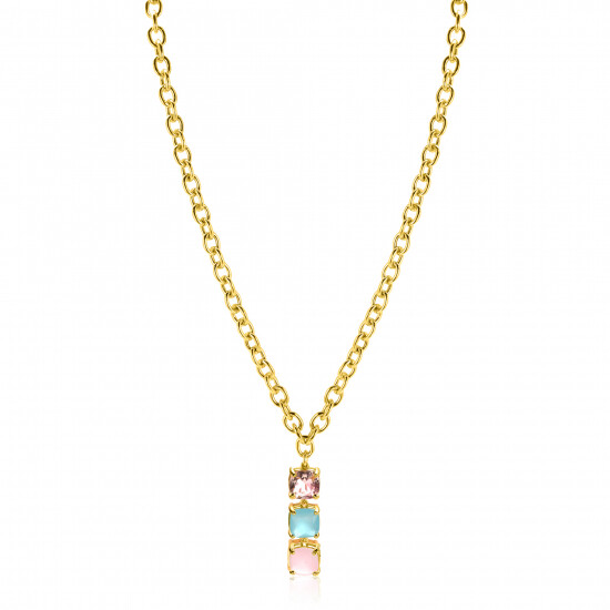 ZINZI zlv. collier gg.verg. hanger roze en turq.stenen