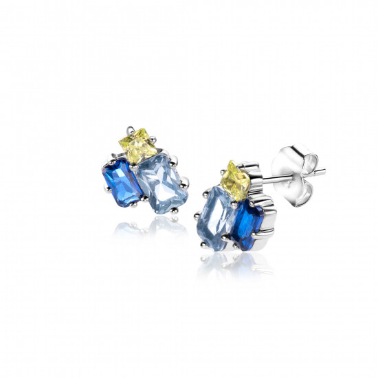 ZINZI zlv. oorknopjes blauw tinten en groen zirc.