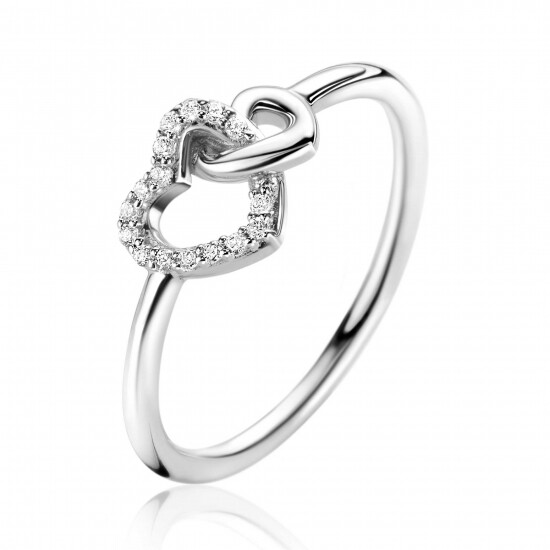 ZINZI zlv. ring 2 hartjes in elkaar 1x met zirc.mt.62