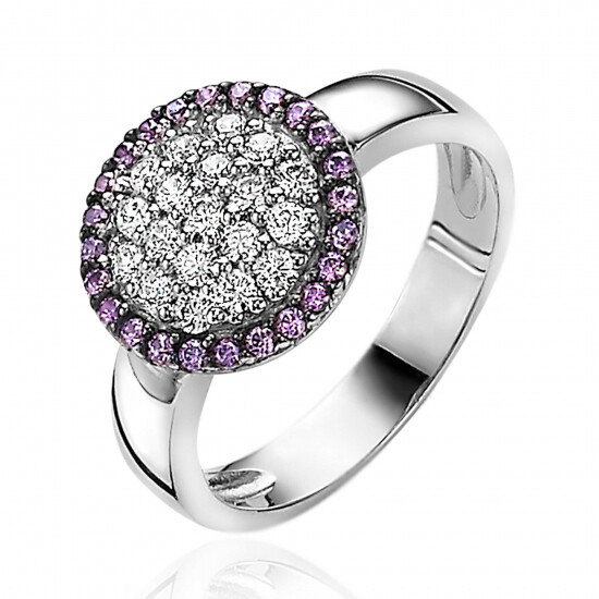 ZINZI Silberring mit runder Fassung, besetzt mit violetten und weißen Zirkonias ZIR886