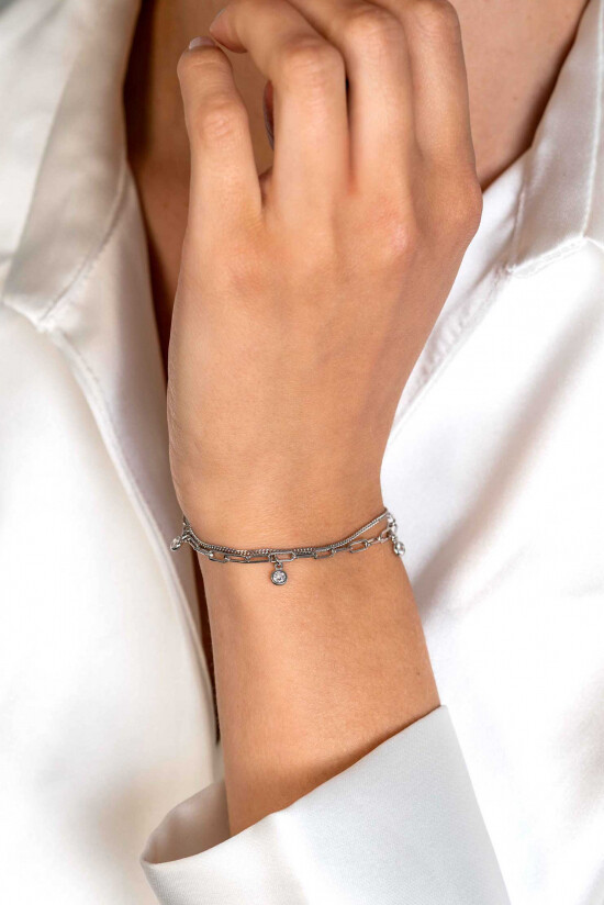 ZINZI zlv.armband 2rij grmt/papercilp zirc.hangertjes