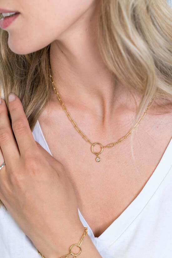 ZINZI silberne paperclip Gliederkette 14K gelb vergoldet 45cm runde Form  weiße Zirkonia ZIC2200Y