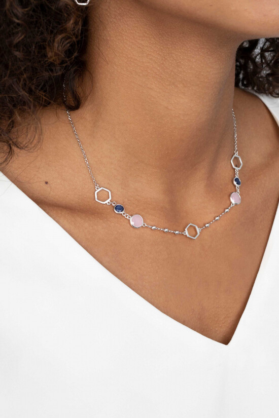 ZINZI silberne Fantasie Kette 45cm Sechseck blau rosa rund ZIC2002