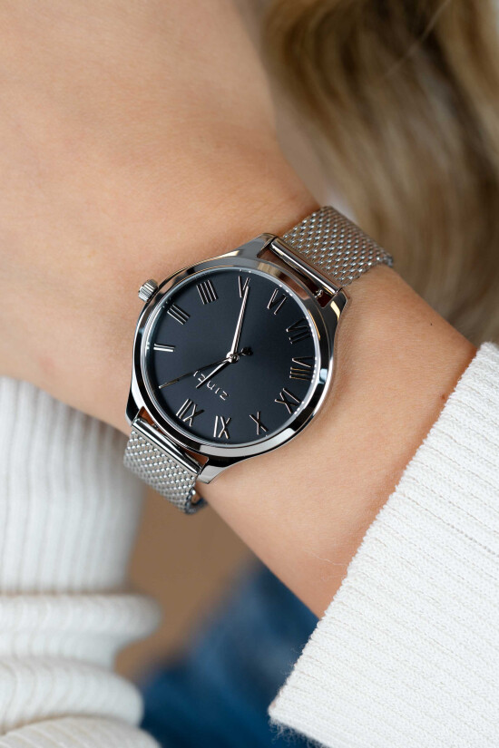 ZINZI Uhr JULIA 34 mm schwarzes Zifferblatt römische Ziffern Stahlgehäuse und Mesh-Armband ZIW1101M