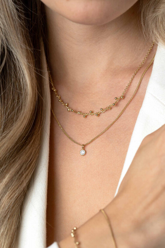 ZINZI zlv. 2x collier gg.verg. grmt+cz. en bolletjes