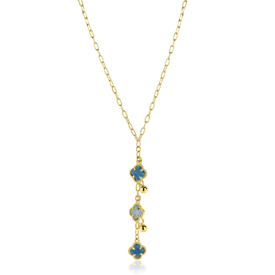 ZINZI zlv. Y-collier gg.verg.met blauwe klavers