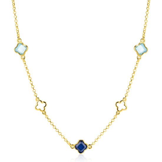 ZINZI zlv. collier gg.verg.met klavers blauw tinten