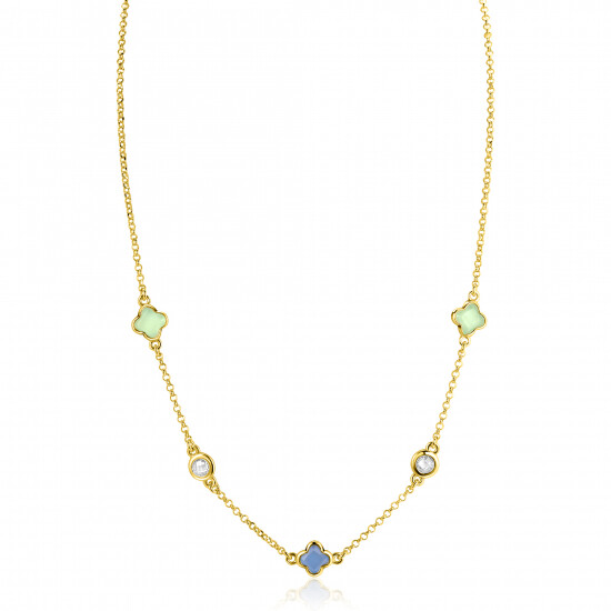 ZINZI zlv. collier gg.verg. klavers blauw/groen/zirc