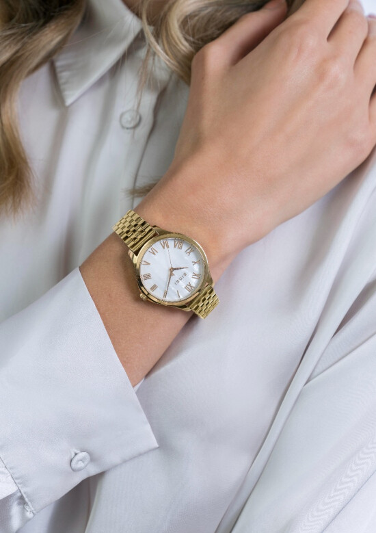 "ZINZI Uhr JULIA 34mm  weißes Perlmutt Zifferblatt römische Zahlen goldfarbenes Stahlgehäuse und Band ziw1134"