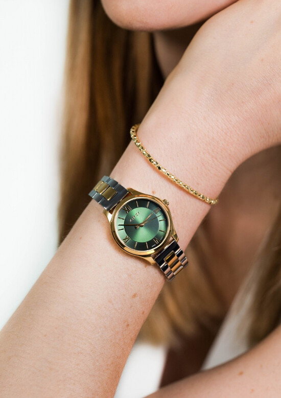 "ZINZI Classy Mini Uhr 30mm grünes Zifferblatt goldfarbenes Stahlgehäuse und zweifarbiges Band ziw1235"