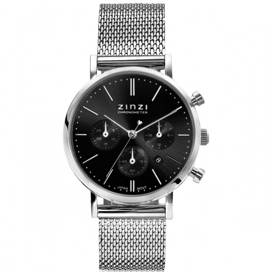 "ZINZI Uhr CHRONOGRAPH 34 mm schwarzes Zifferblatt mit Datum und Chronometern, Stahlgehäuse, Stahlgeflechtarmband 18 mm ZIW1501"