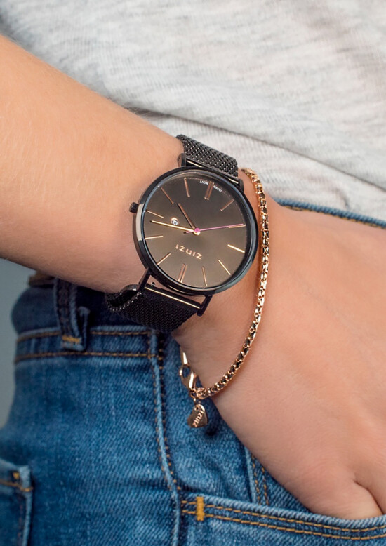 ZINZI Retro Uhr braun farbenes Zifferblatt mit rosé Zeigern und braunes Stahlgitterband 38mm extra dünn ZIW415M