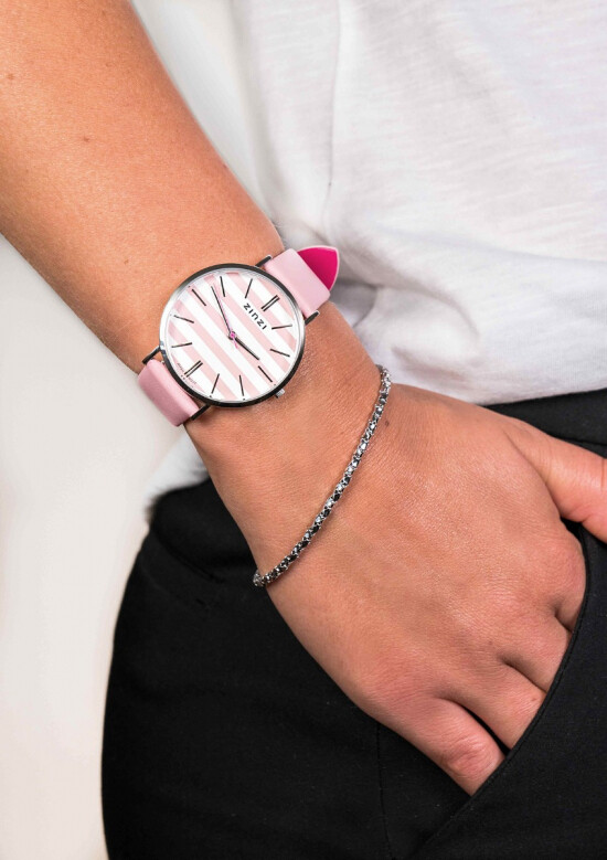 Zinzi Retro horl. silver w.plt roze-wit gestr/roze bnd