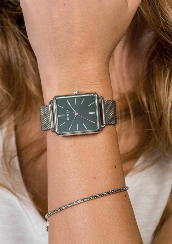 "ZINZI Vintage Retro Uhr schwarzes Zifferblatt und rechteckiges Gehäuse Stahlgitterband 34mm extra dünn ZIW901M"