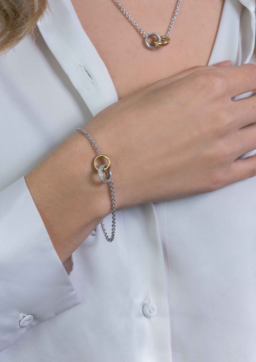 ZINZI Set von 2 silbernen Armbändern zweifarbige Glieder mit zwei Ringen verbunden 18-21cm ZIA2102-SET