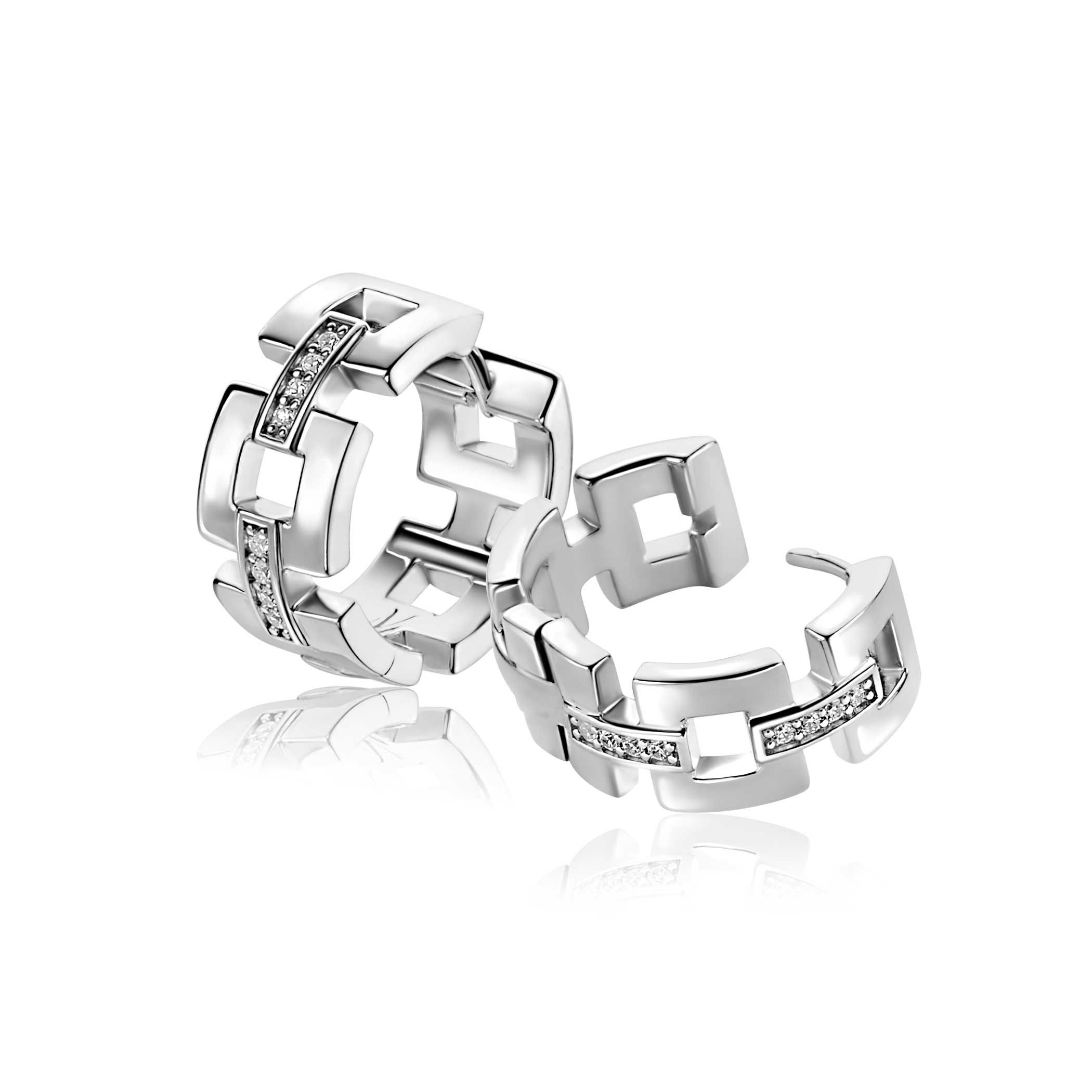 18mm Mart Visser by ZINZI Silber-Creolen mit quadratischen Gliedern und luxuriösem Scharnierverschluss, besetzt mit weißen Zirkoniasteinen MVCR27