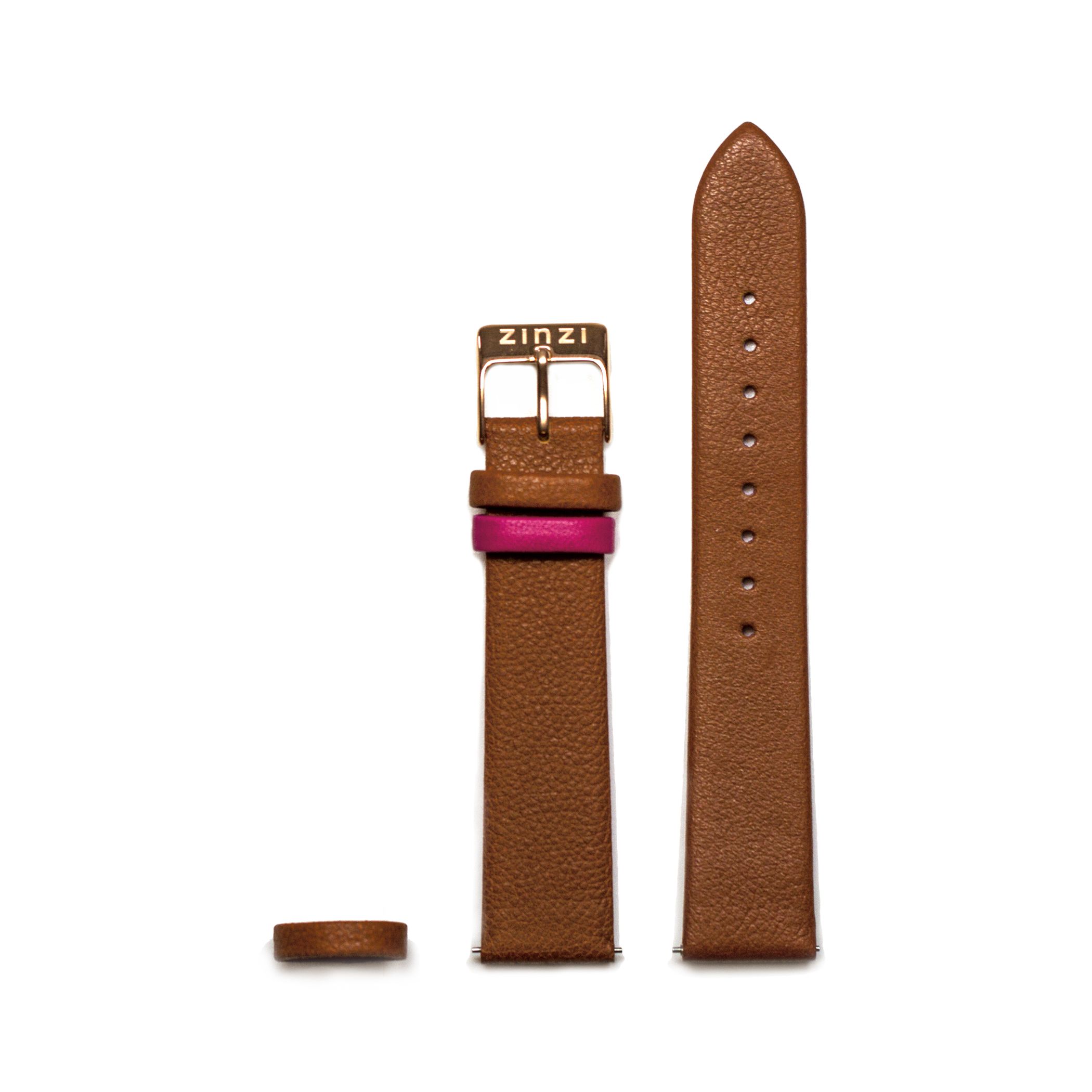 ZINZI Retro Lederarmband cognacbraun roségoldfarbende Stahlschließe 18mm RETBand6