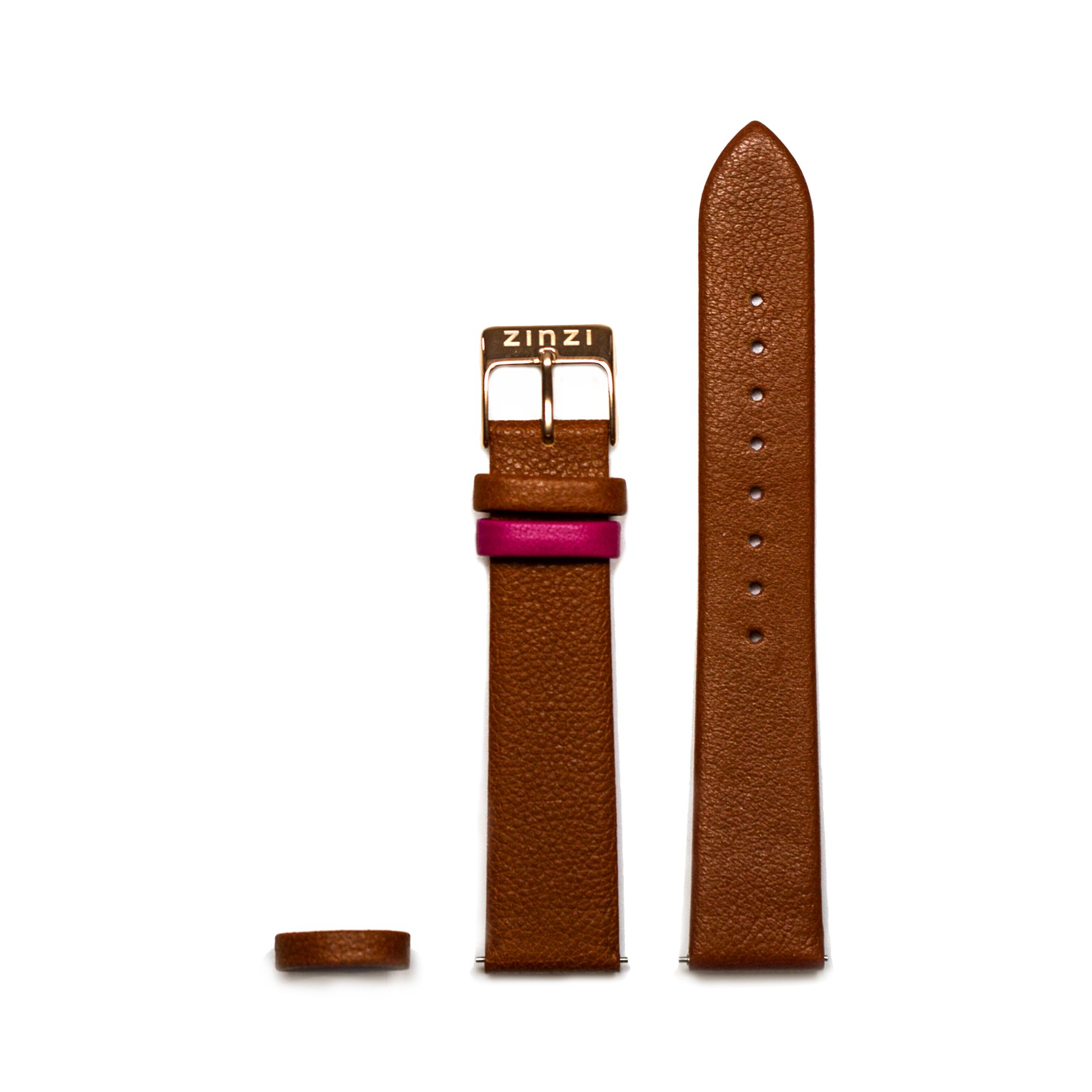 ZINZI Retro Lederarmband cognacbraun roségoldfarbende Stahlschließe 18mm RETBand6