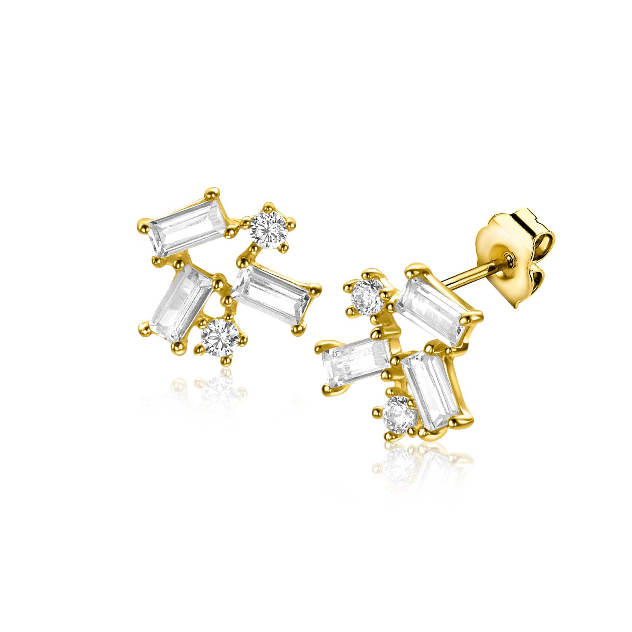 8mm ZINZI Gold 14kt goldene Fantasie-Ohrstecker mit rechteckigen baguettegeschliffenen Zirkonias und runden weißen Zirkonias ZGO511