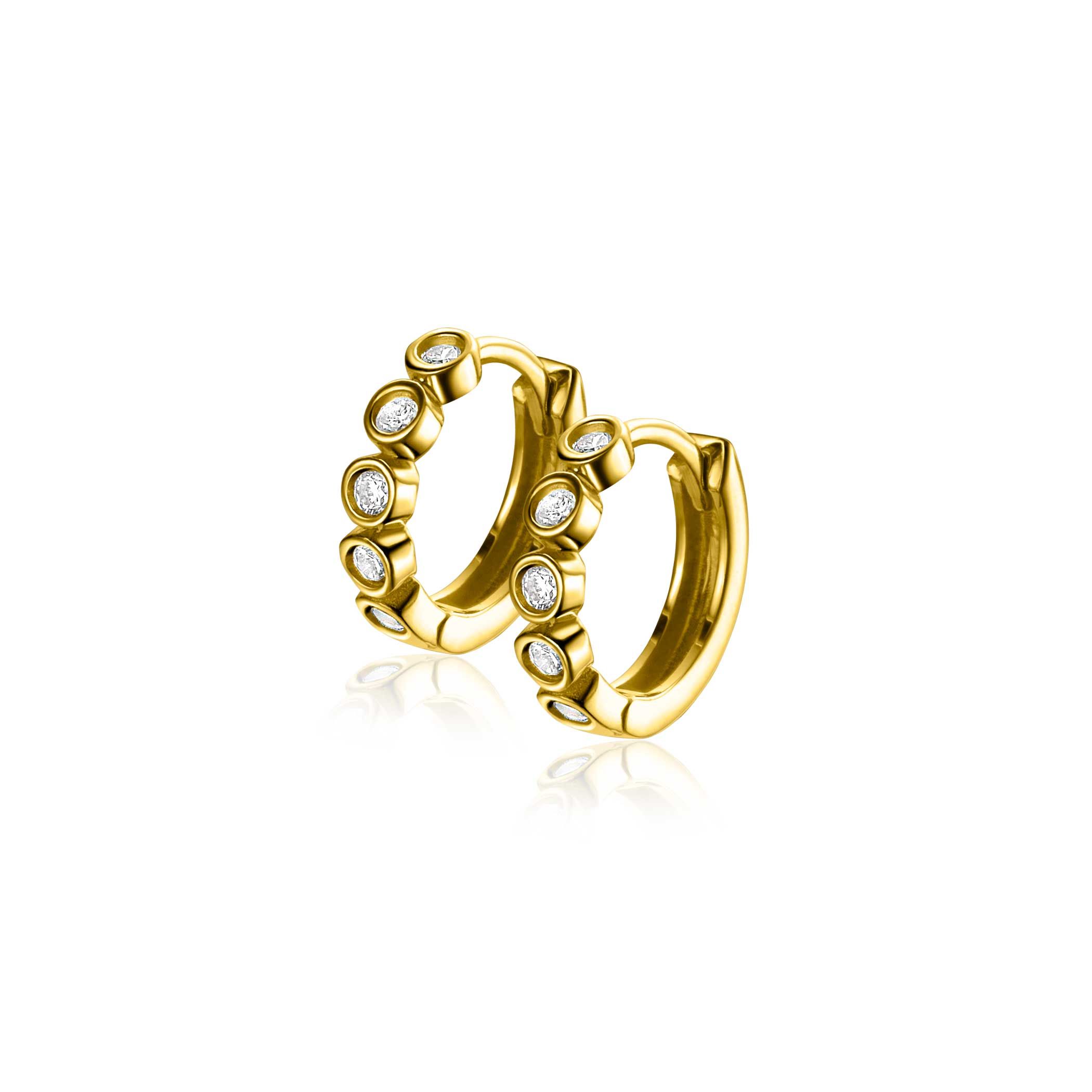 13mm ZINZI Gold 14-karätige Goldohrringe mit runden Fassungen besetzt mit weißen Zirkonia, luxuriösem Klappverschluss, 13mm x 2,7mm Rohr. ZGO507