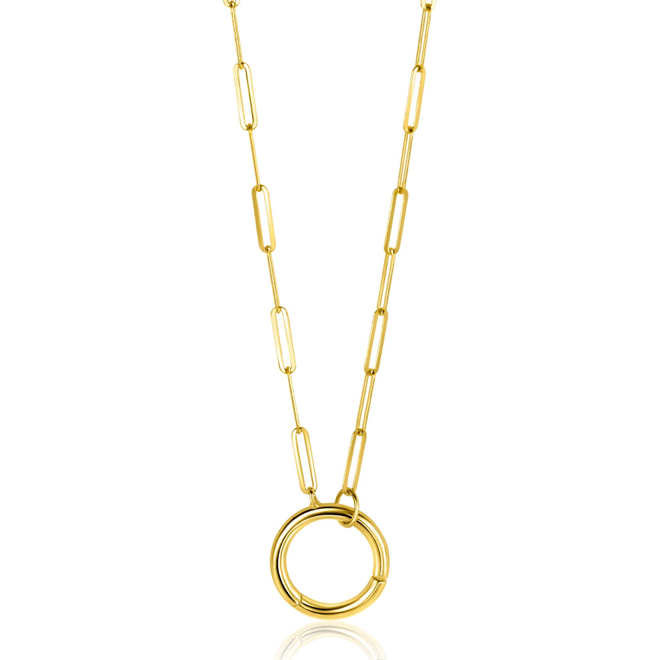 ZINZI Gold 14 Karat goldene Paperclip-Kette mit auffälligem rundem Frontverschluss, an dem man Anhänger befestigen kann 45cm ZGC493
