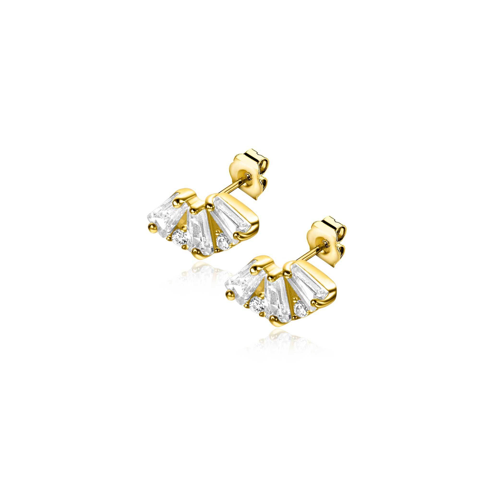 6mm ZINZI Gold 14kt goldene Fantasie-Ohrstecker mit drei baguettegeschliffenen weißen Zirkonias und zwei runden Zirkonias ZGO520