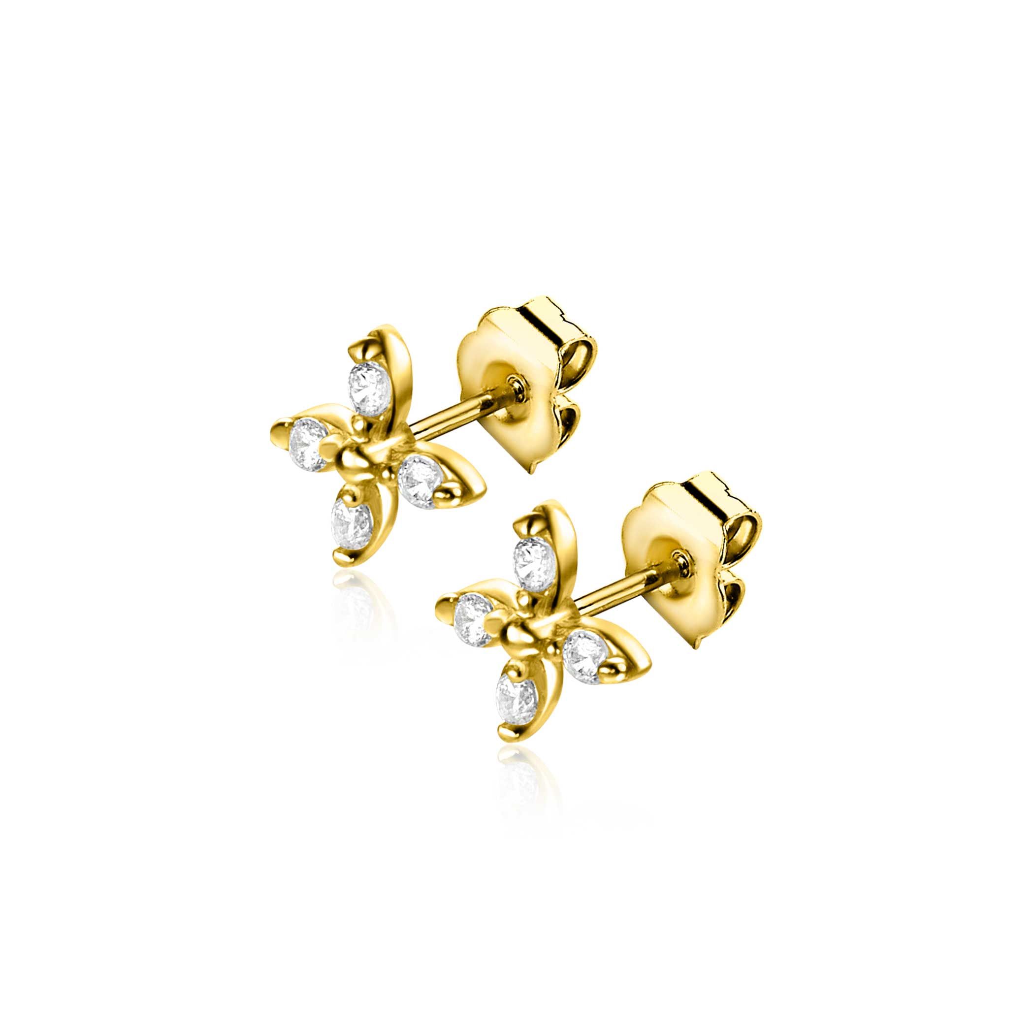 5mm ZINZI Gold 14kt goldene Fantasie-Ohrstecker in Blumenform, besetzt mit vier runden weißen Zirkonias ZGO519