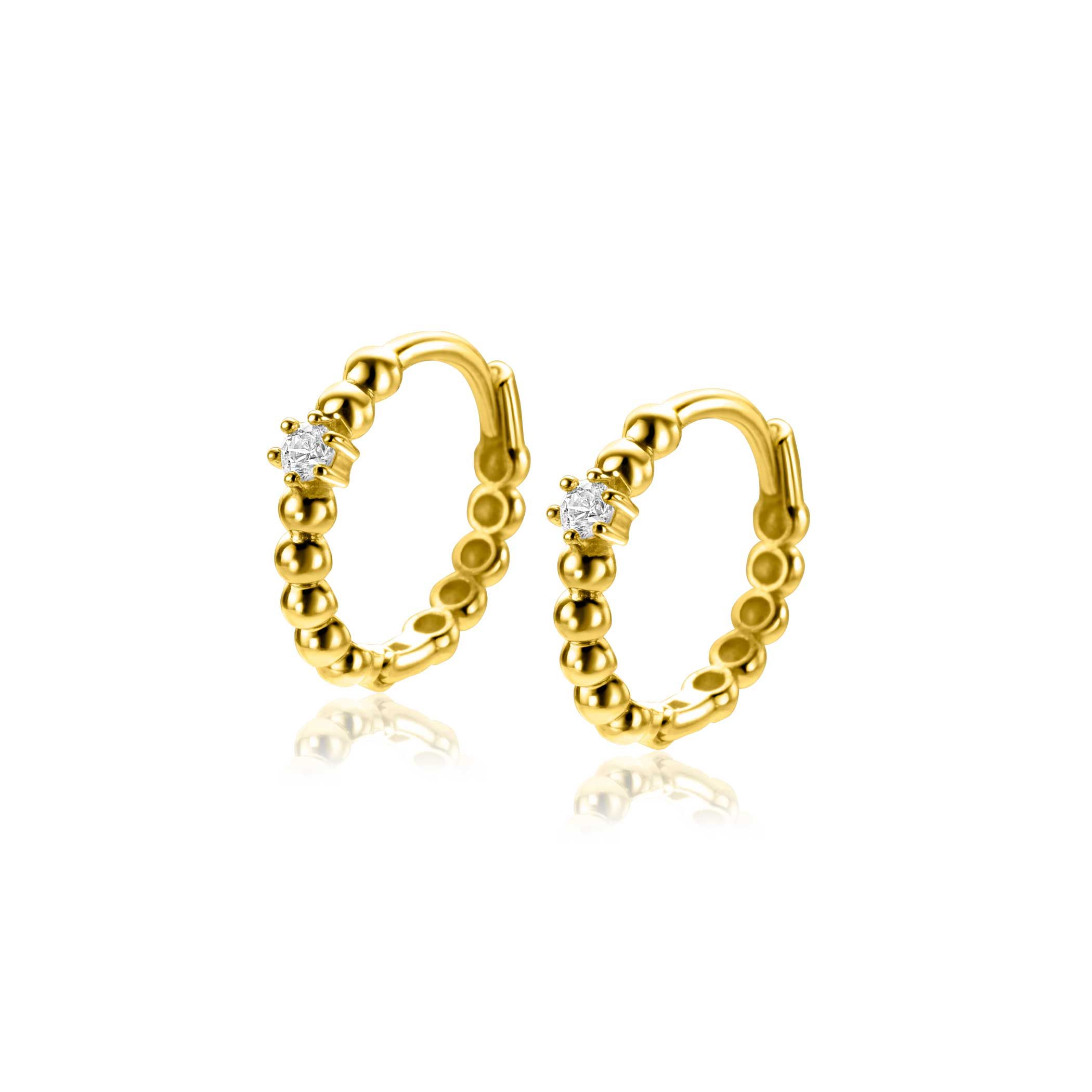 13mm ZINZI Gold 14kt goldene Creolen mit Kugel-Design und einem runden weißen Zirkonia, mit luxuriösem Klappverschluss 13x2mm ZGO527