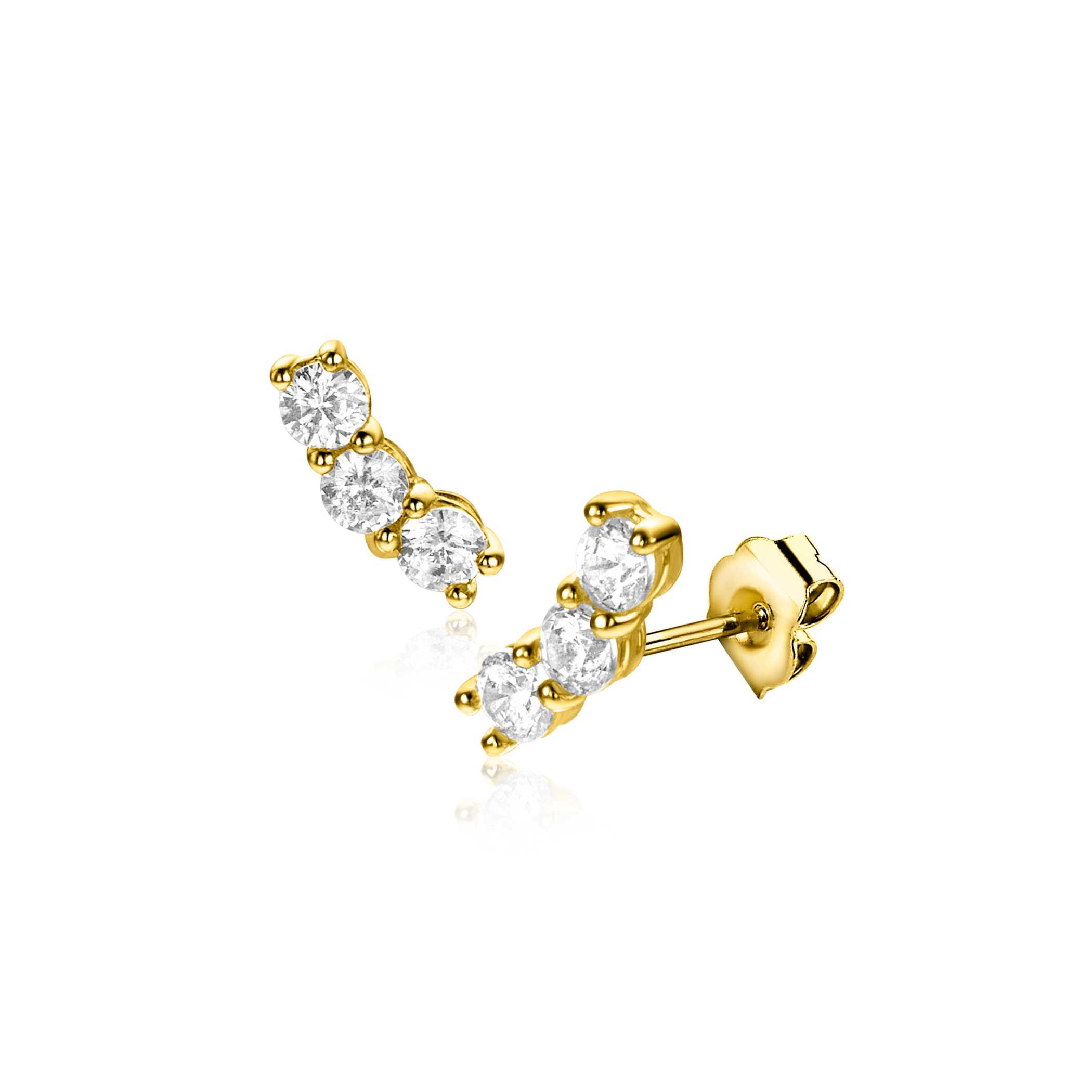 7mm ZINZI Gold 14kt goldene Ohrstecker mit drei weißen Zirkonias in Reihenfassung ZGO515