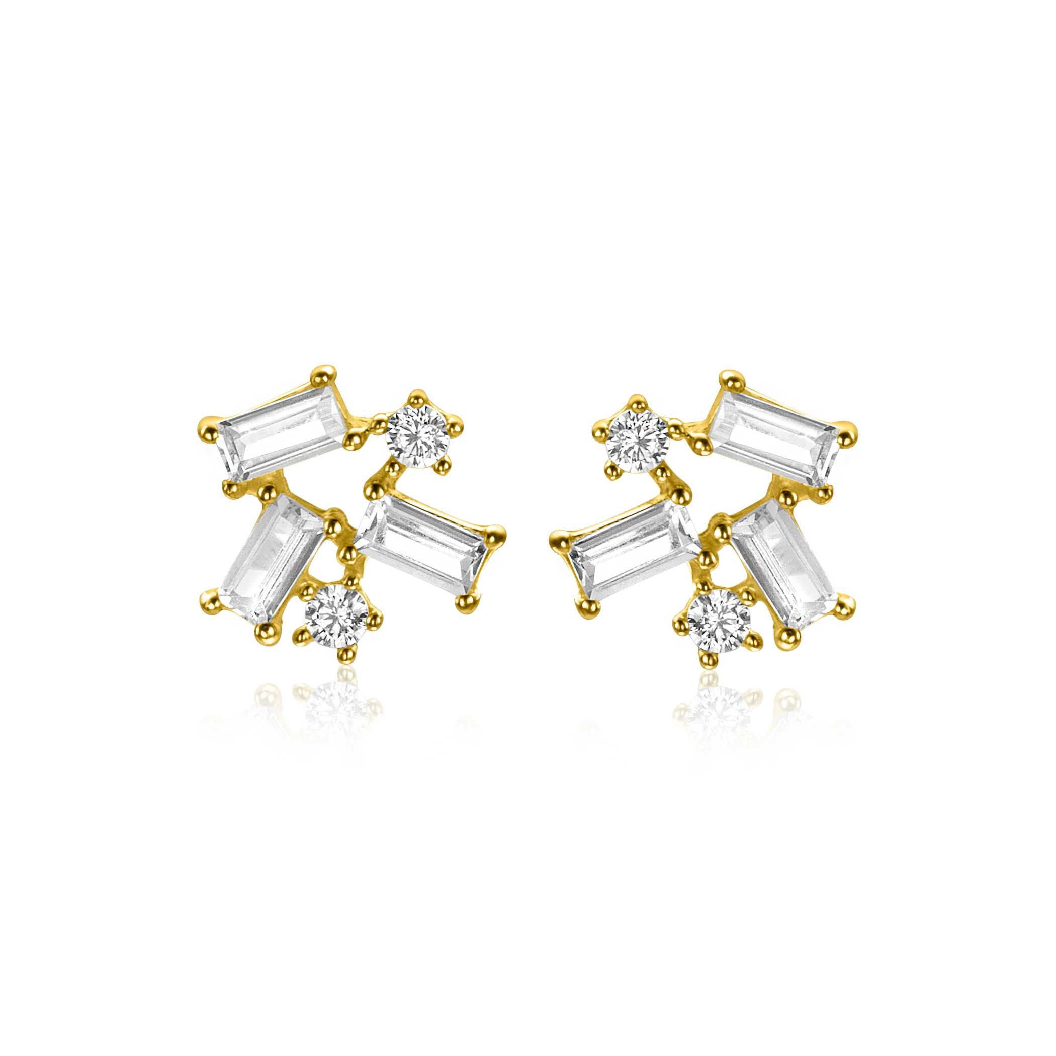 8mm ZINZI Gold 14kt goldene Fantasie-Ohrstecker mit rechteckigen baguettegeschliffenen Zirkonias und runden weißen Zirkonias ZGO511