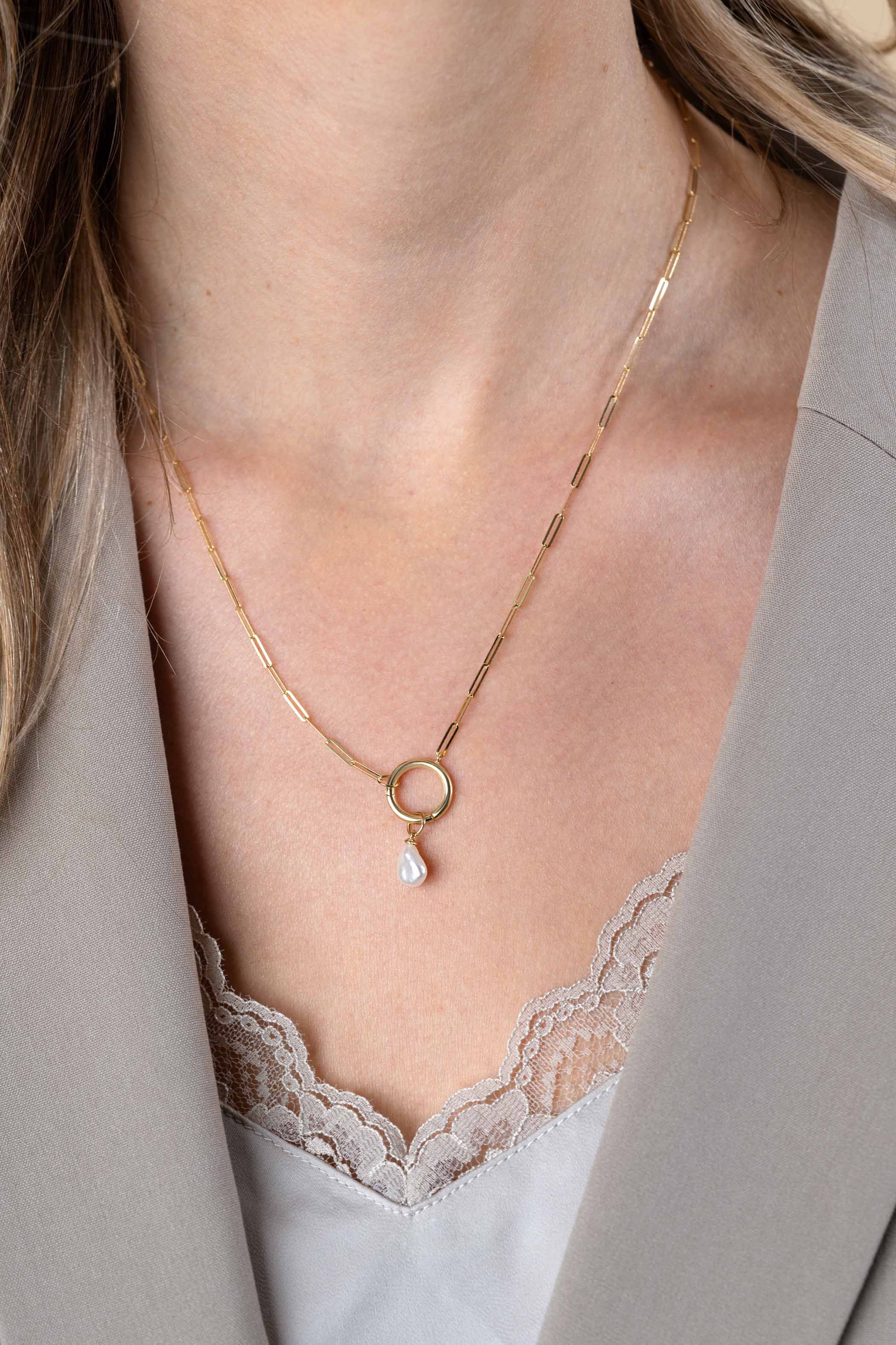 ZINZI Gold 14 Karat goldene Paperclip-Kette mit auffälligem rundem Frontverschluss, an dem man Anhänger befestigen kann 45cm ZGC493
