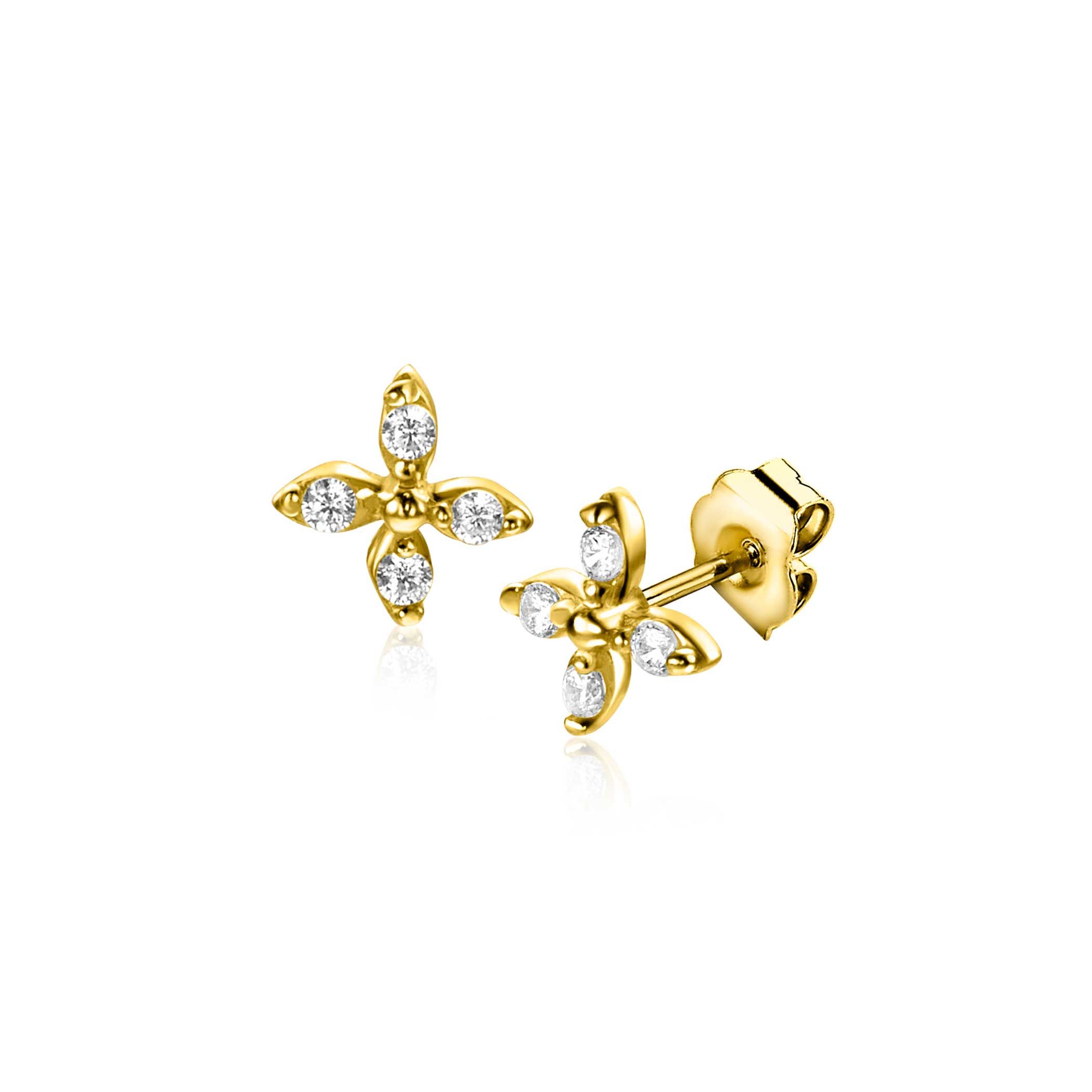 5mm ZINZI Gold 14kt goldene Fantasie-Ohrstecker in Blumenform, besetzt mit vier runden weißen Zirkonias ZGO519