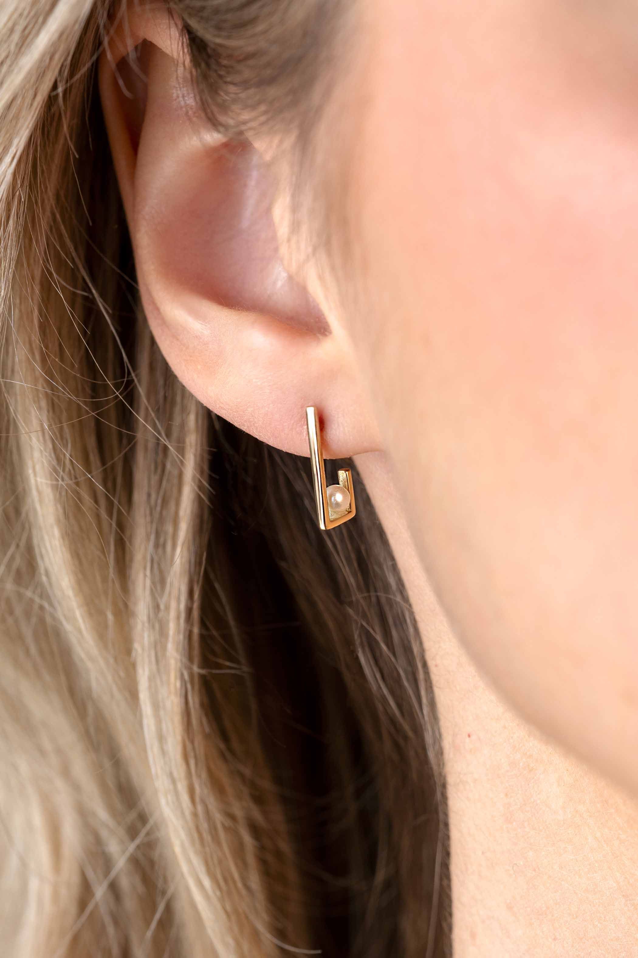 ZINZI GOLD oorknopjes strak rechthoek met parel