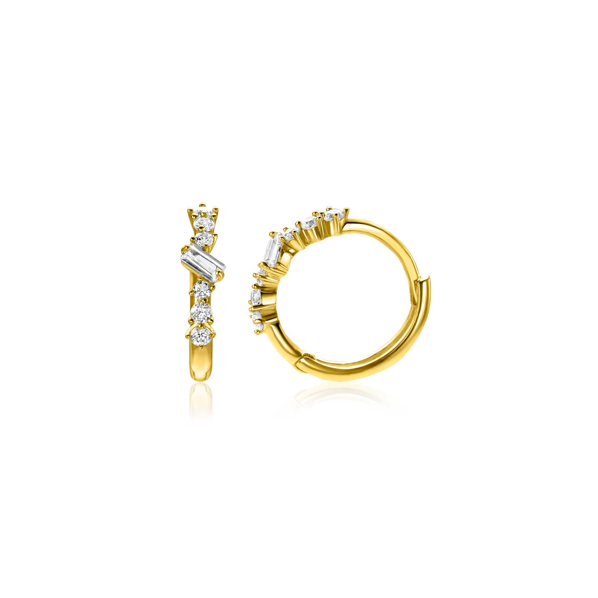 13mm ZINZI Gold 14kt goldene Creolen mit rechteckigem baguettegeschliffenen Zirkonia und sechs runden weißen Zirkonias, mit luxuriösem Klappverschluss 13x2mm ZGO528