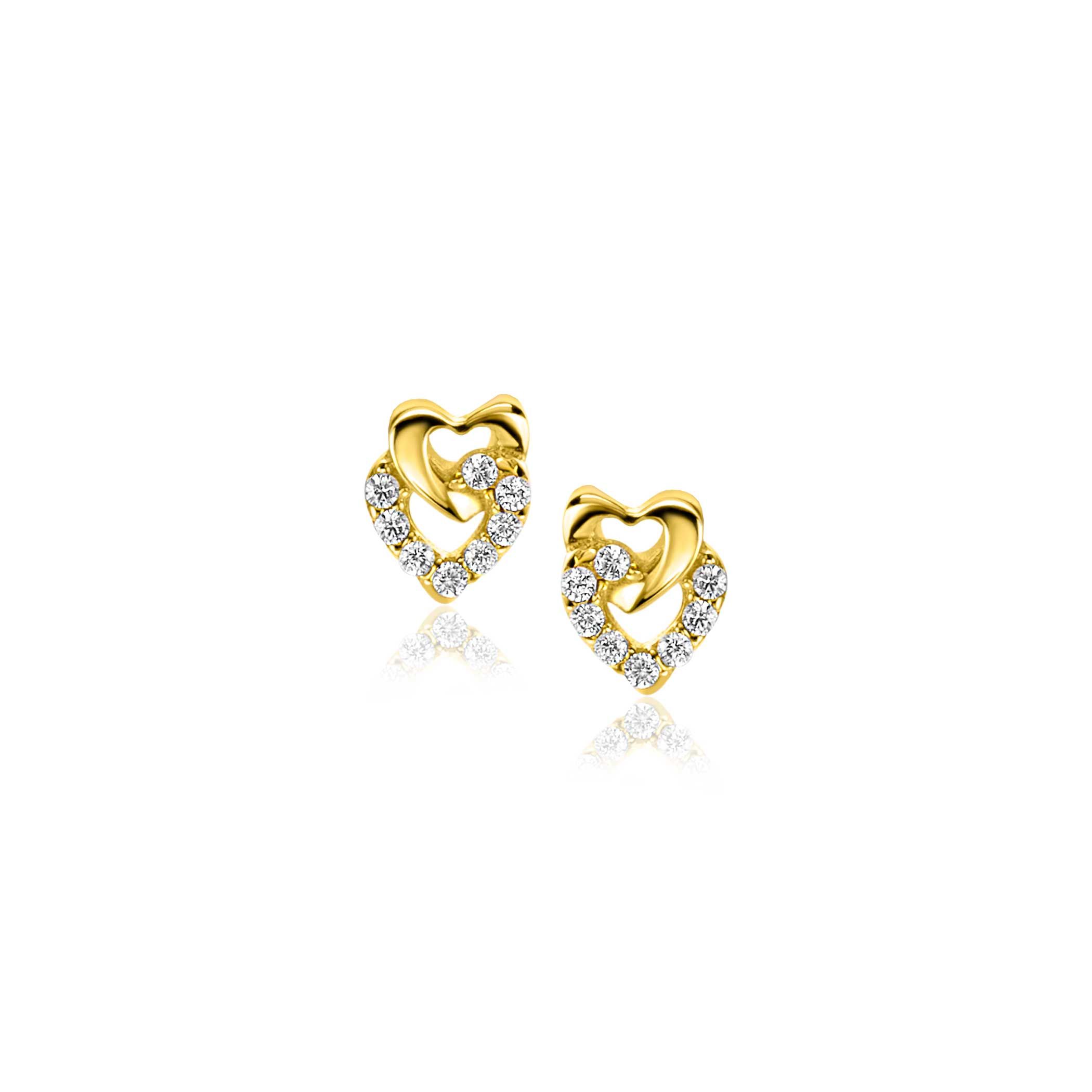 ZINZI GOLD oorknopje 2 hartjes inelkaar 1 bezet zirc.