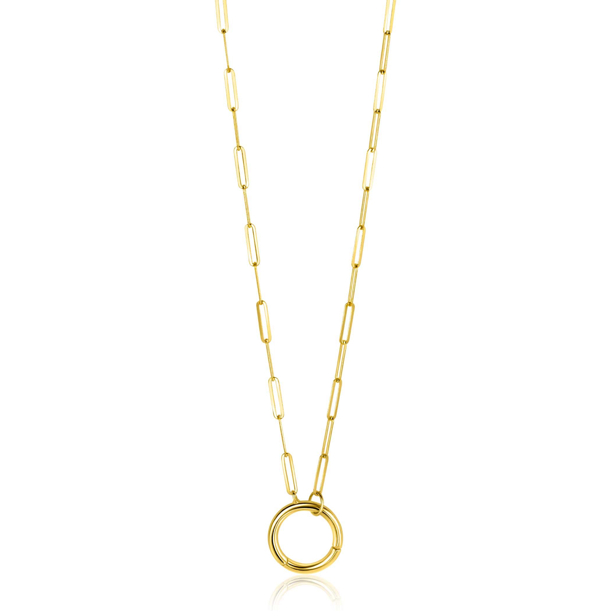 ZINZI Gold 14 Karat goldene Paperclip-Kette mit auffälligem rundem Frontverschluss, an dem man Anhänger befestigen kann 45cm ZGC493
