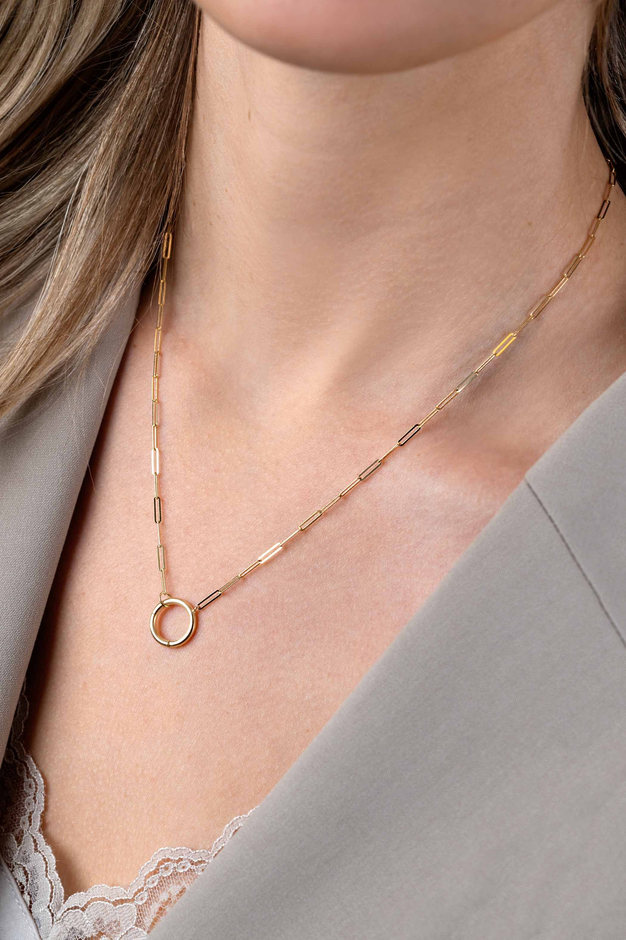 ZINZI Gold 14 Karat goldene Paperclip-Kette mit auffälligem rundem Frontverschluss, an dem man Anhänger befestigen kann 45cm ZGC493
