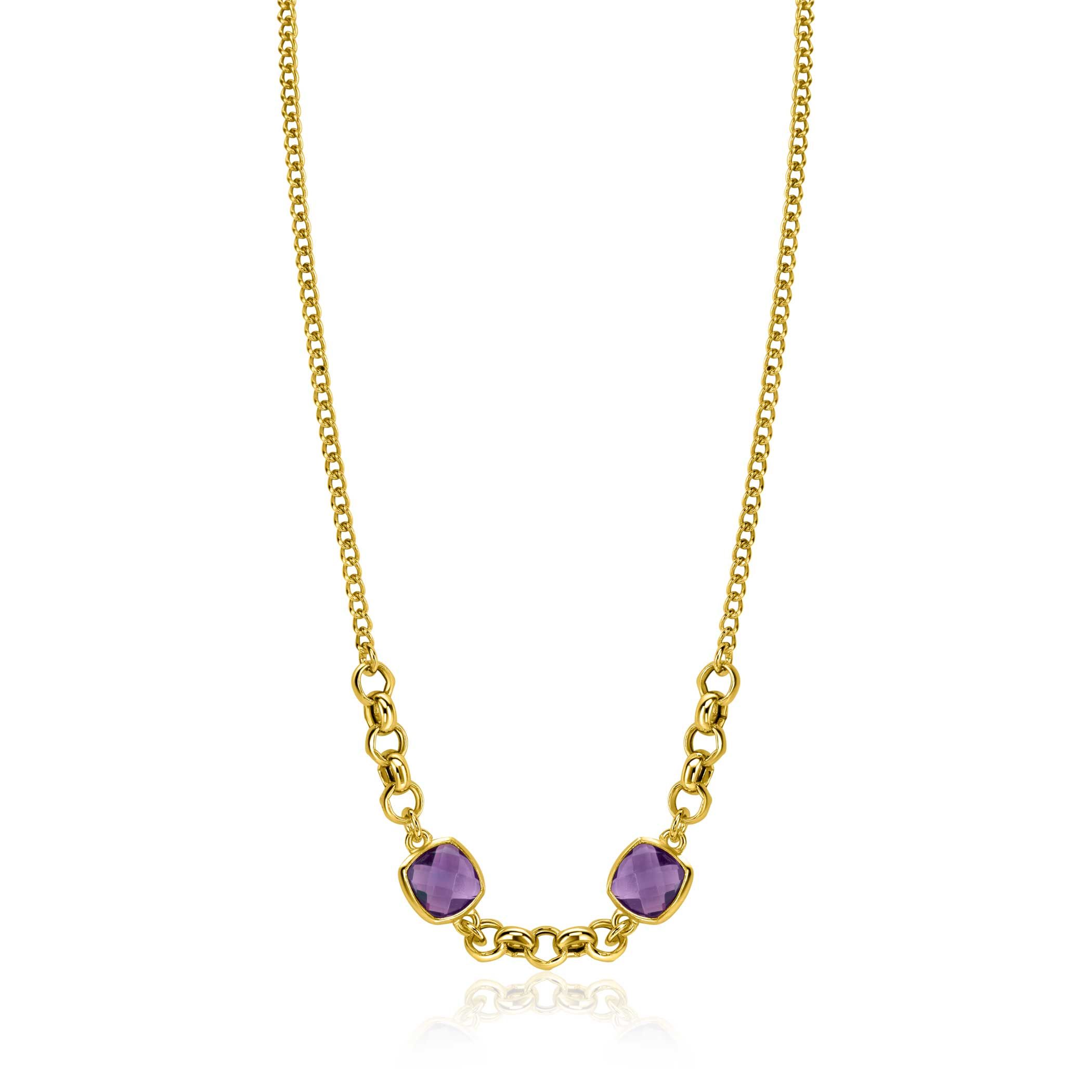 ZINZI vergoldete Silber-Gourmet-Kette mit zwei quadratischen violetten Farbsteinen 40-45cm ZIC-BF122