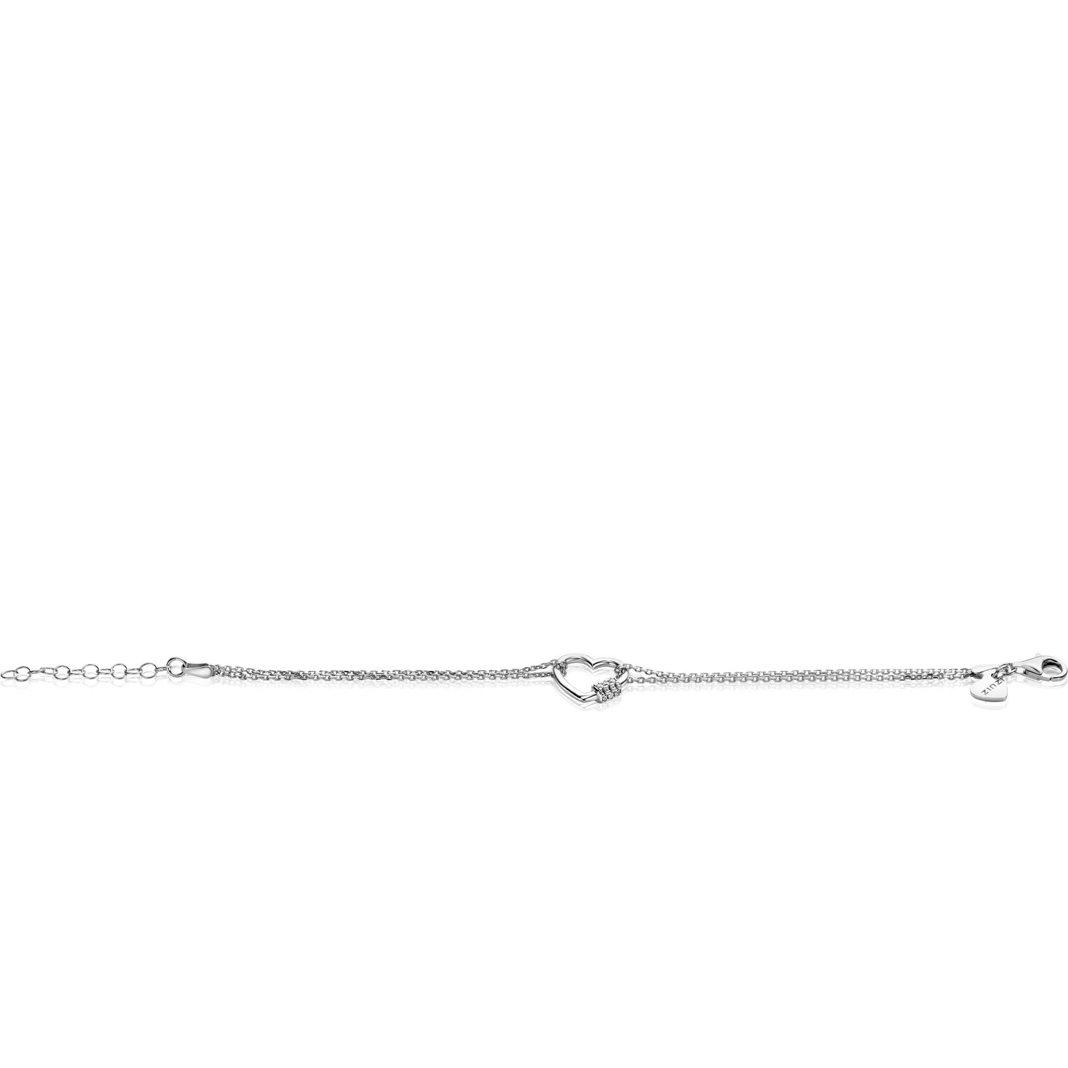 ZINZI zlv. armband dubbel met hart ertussen met cz.