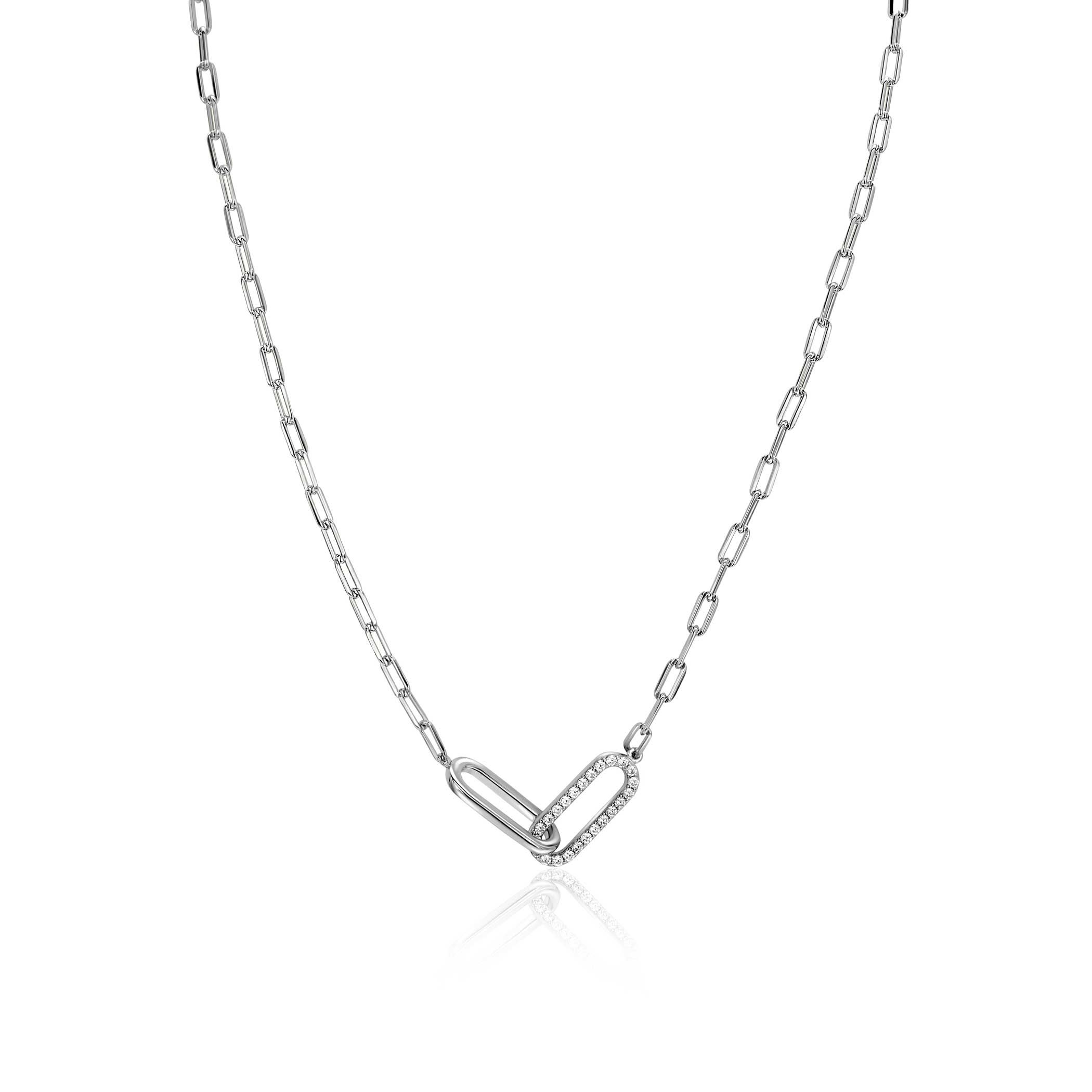 ZINZI Silber Paperclip-Kette mit zwei verbundenen Anhängern, besetzt mit weißen Zirkonias, 40-45 cm ZIC2690
