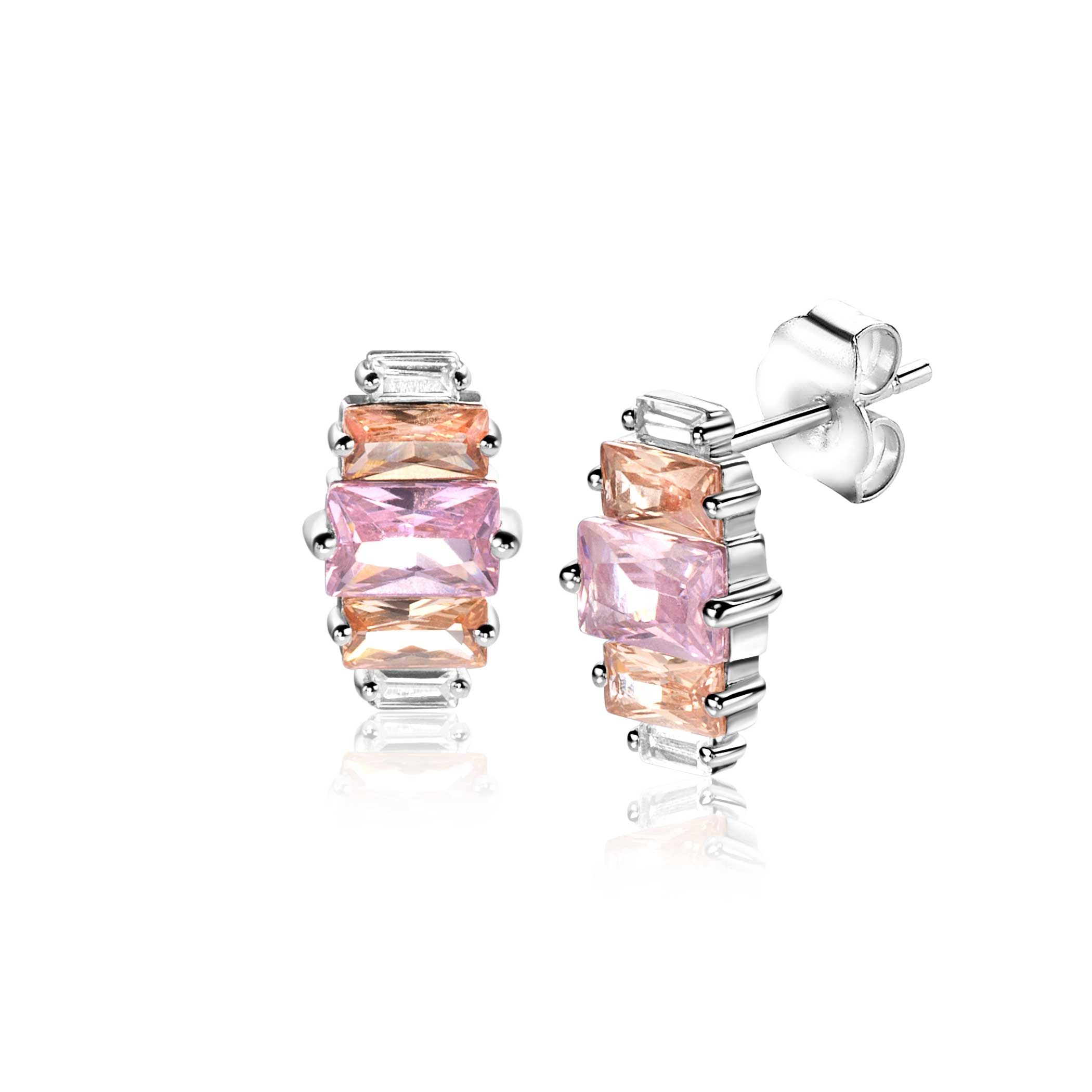 ZINZI zlv. oorknopjes baquette roze/champ/wit zirc.