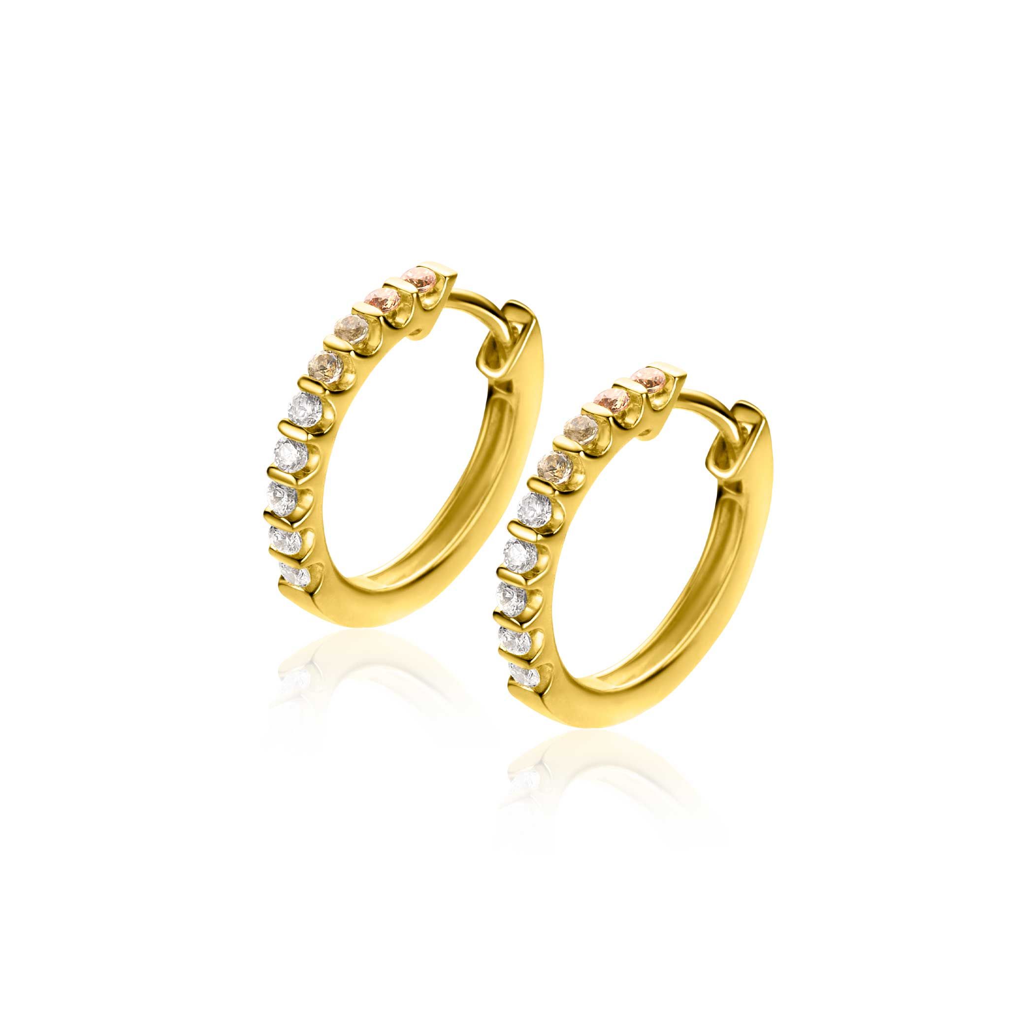 15mm ZINZI vergoldete Silber Creolen, besetzt mit Champagner, Peridot und weißen Zirkonia mit Luxus-Schnappverschluss ZIO2612