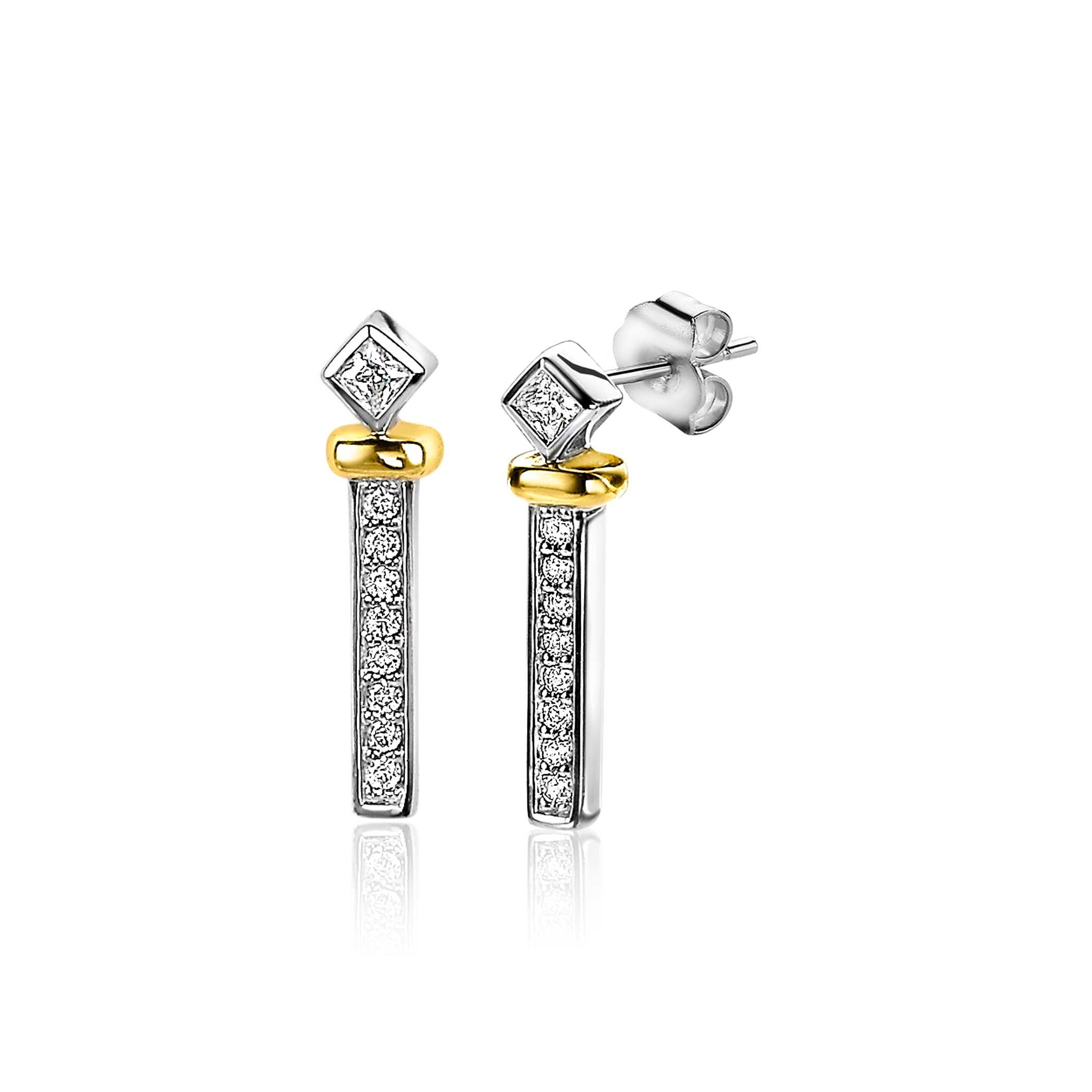 ZINZI silberne zweifarbige Ohrringe 18mm mit Stab Raute weiße Zirkonias ZIO2121
