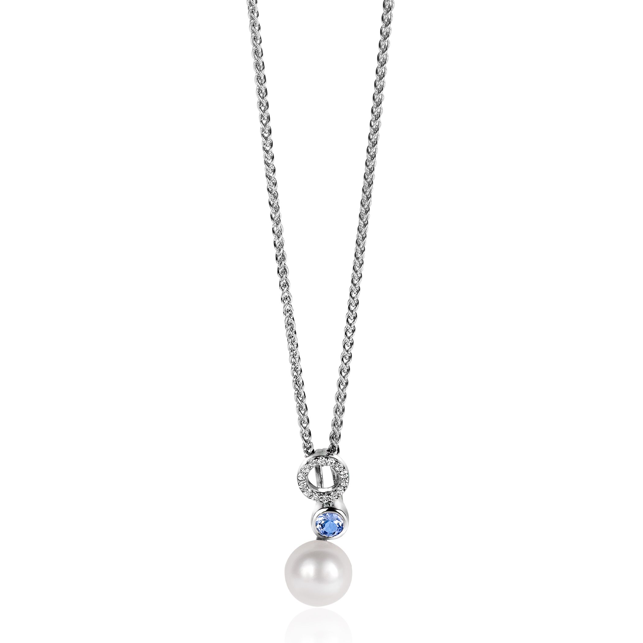 ZINZI zlv. hanger met zirc.wit/blauw/parel
