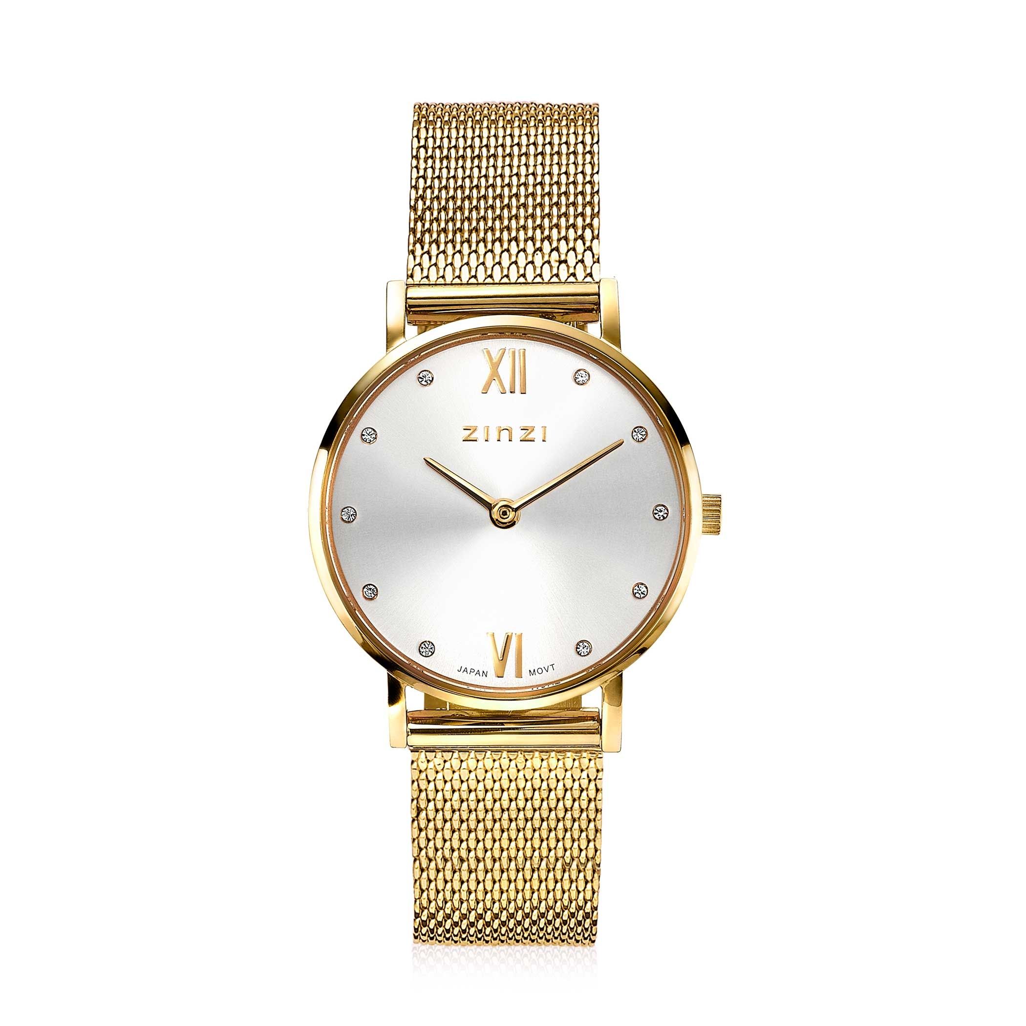 ZINZI Lady Crystal Uhr silberfarbenes Zifferblatt, gelbgoldfarbenes Gehäuseund  Stahlgitterband,  weißen Kristallen bei der Stundenanzeige, 28mm extra dünn ZIW633M
