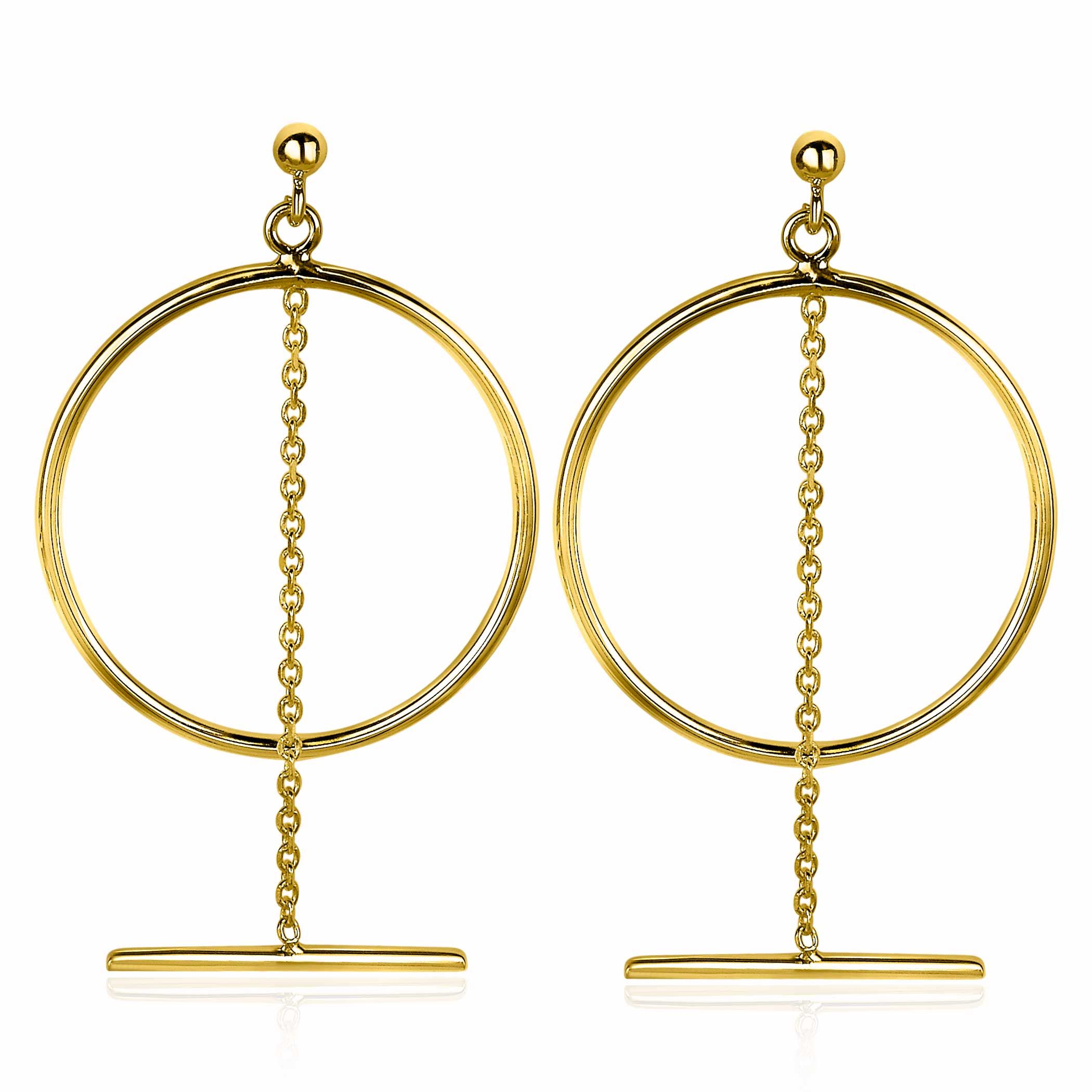 ZINZI silberne große offene runde Ohrringe  55 mm in 14K gelb vergoldet mit Kette und Stab ZIO2098