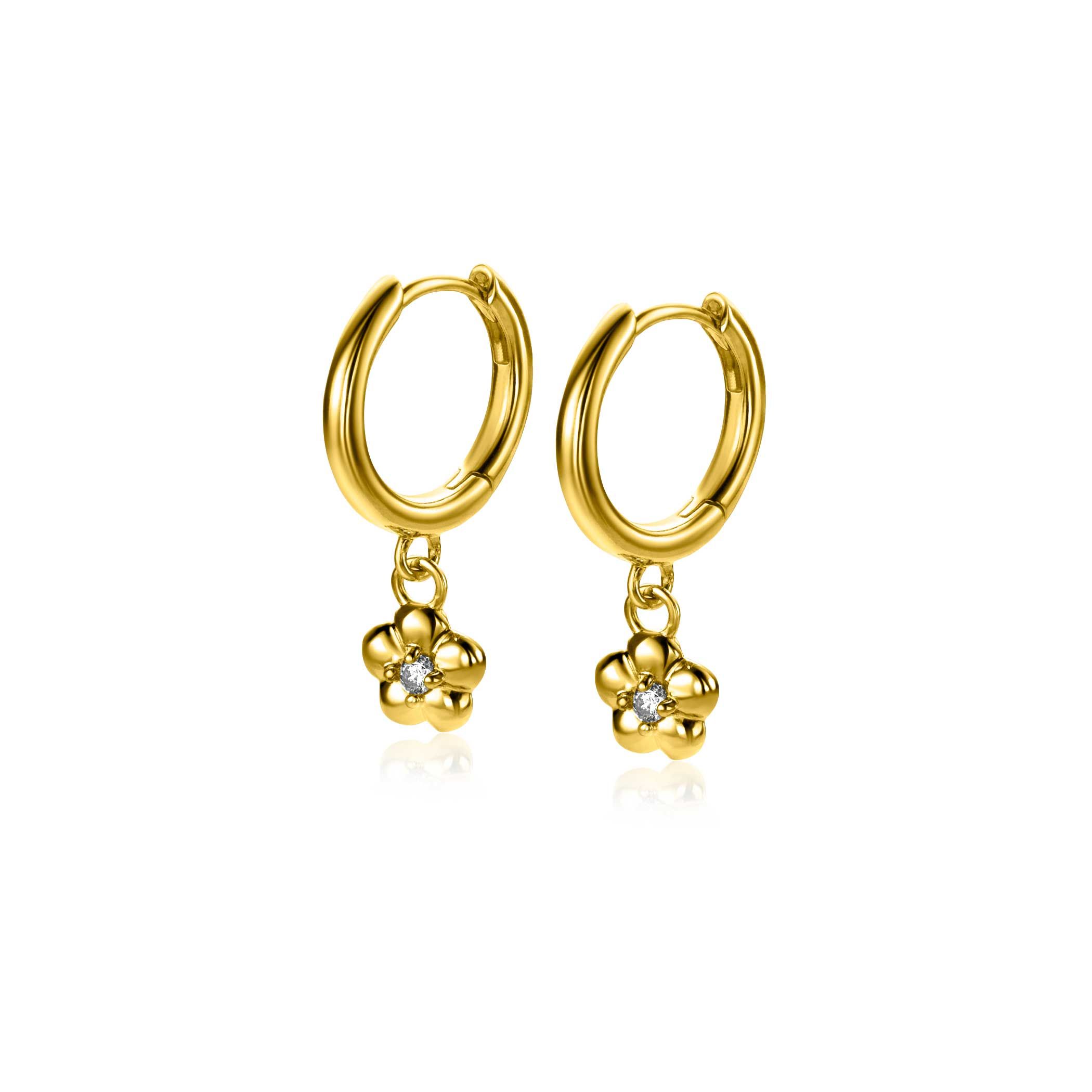 22mm ZINZI vergoldete Silber Creolen 14mm mit baumelnden Blümchen, besetzt mit weißen Zirkonia ZIO2620