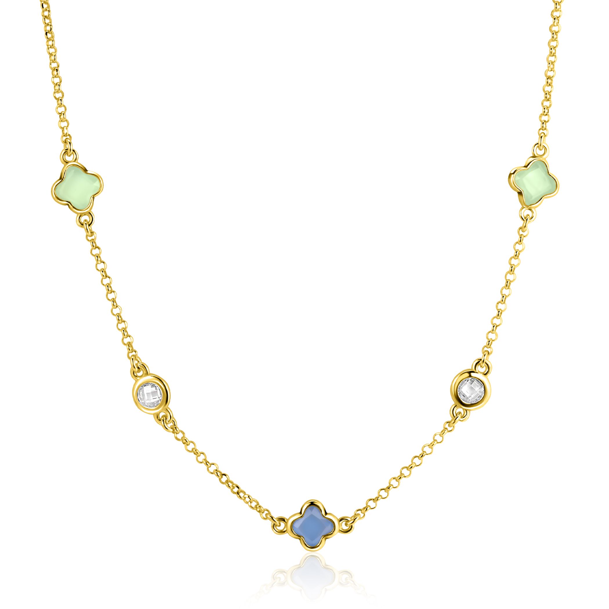 ZINZI zlv. collier gg.verg. klavers blauw/groen/zirc