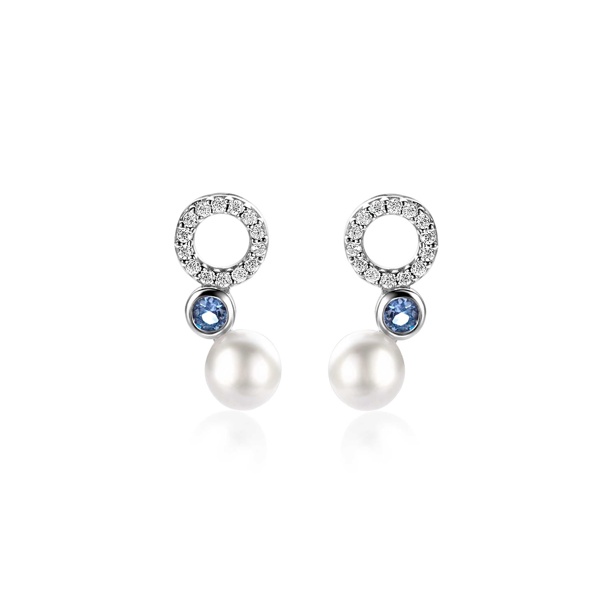 ZINZI zlv. oorstekers met zirc.wit/blauw/parel